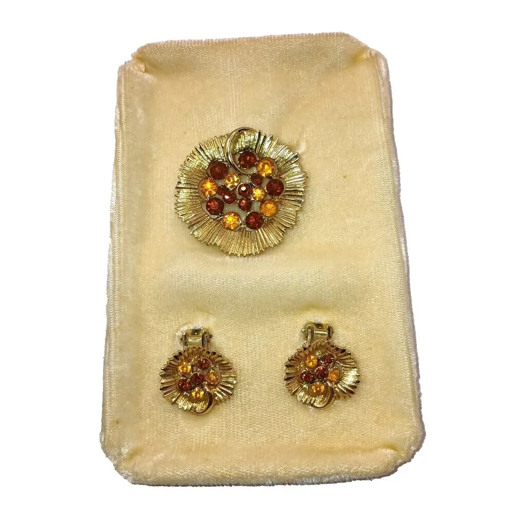 Vintage Gold Topaz Warm Rhinestone Brooch and Clip Earring Set on Velvet Card